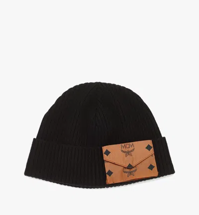 MCM WOOL BEANIE W/ MONOGRAM PRINT ECONYL POCKET