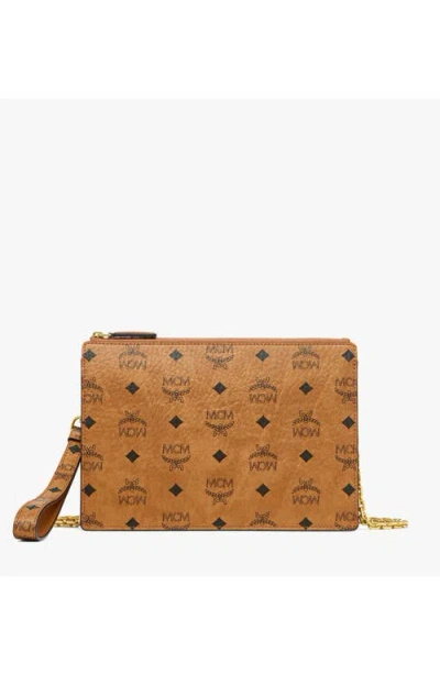 Mcm Wristlet Standing Pouch W/ Chain Strap In Brown