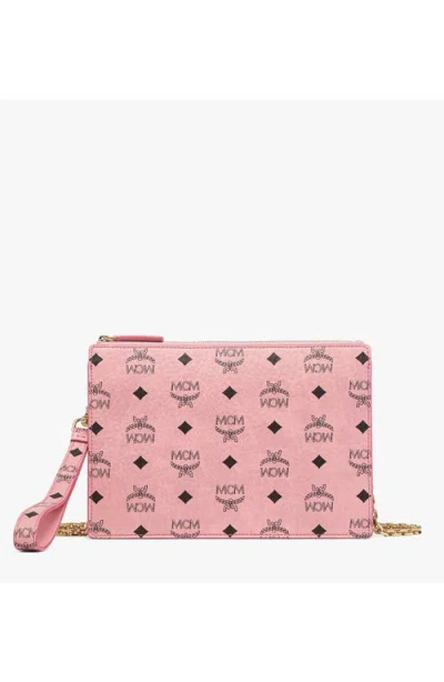 Mcm Wristlet Standing Pouch W/ Chain Strap In Pink