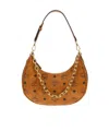Mcm Woman Printed Canvas Aren Crescent Shoulder Bag In Brown