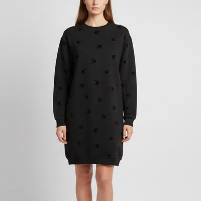Pre-owned Mcq By Alexander Mcqueen Black Flocked Swallow Jersey Sweat Dress L