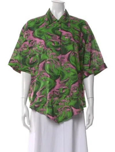 Pre-owned Mcq By Alexander Mcqueen Graphic Print Short Sleeve Button-up Top In Green
