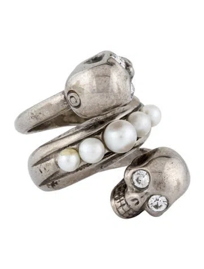 Pre-owned Mcq By Alexander Mcqueen Pearl & Crystal Spiral Skull Ring In Transparent