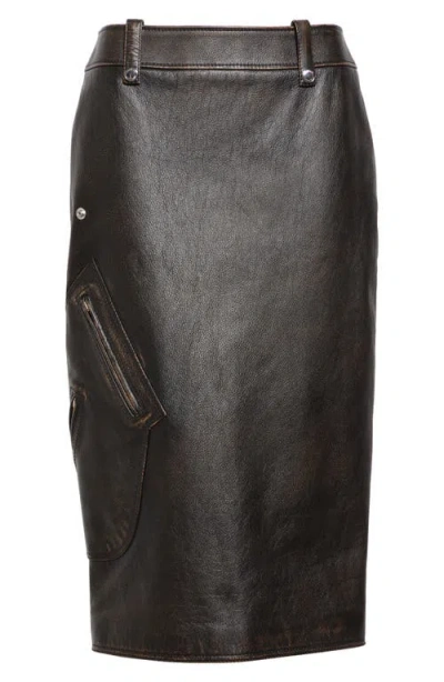 Alexander Mcqueen Mcqueen Antiqued Leather Pencil Skirt In Dark Brown/tan