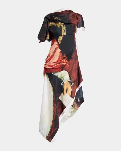 Alexander Mcqueen Asymmetric Draped Midi Day Dress In Blackwhite