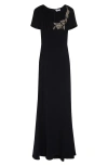 Alexander Mcqueen Mcqueen Banshee Embroidery Leaf Crepe Gown In Black