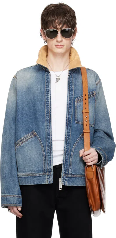 ALEXANDER MCQUEEN BLUE SUEDE COLLAR DENIM JACKET