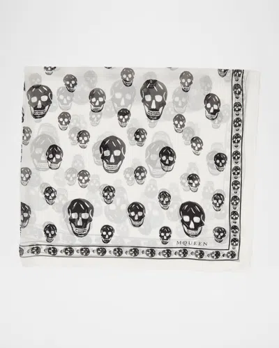 Alexander Mcqueen Classic Skull Silk Scarf In White