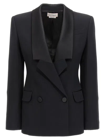 Alexander Mcqueen Mcqueen Double-breasted Blazer With Satin Details In Black
