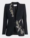 Alexander Mcqueen Floral Crystal One-button Crepe Blazer In Black