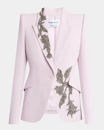 Alexander Mcqueen Floral Crystal One-button Crepe Blazer In Mauve