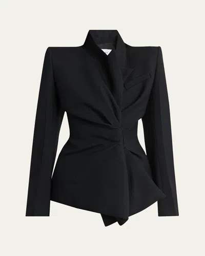Alexander Mcqueen Gathered Side Fitted Wool Blazer In Black
