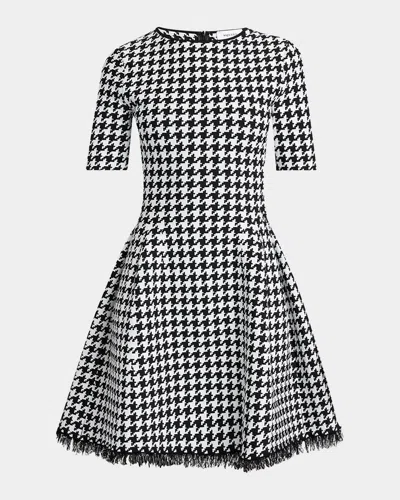 ALEXANDER MCQUEEN HOUNDSTOOTH FIT-FLARE FRINGE KNIT MINI DRESS