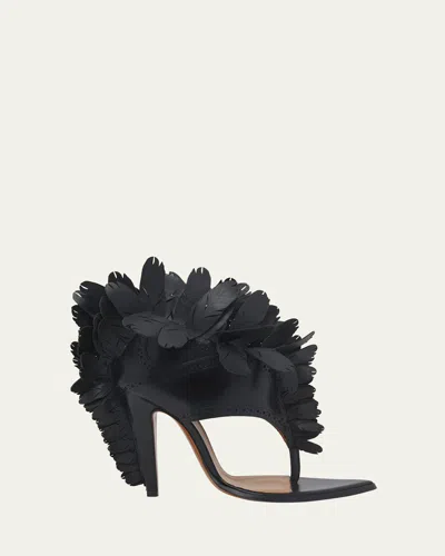 Alexander Mcqueen Leather Feather Thong Sandals In Black