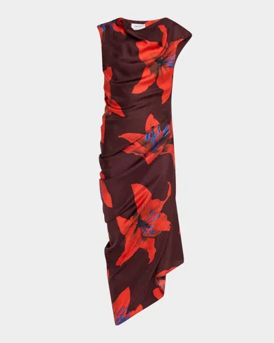 Alexander Mcqueen Lily-print Draped Short-sleeve Midi Dress In Ruby Red