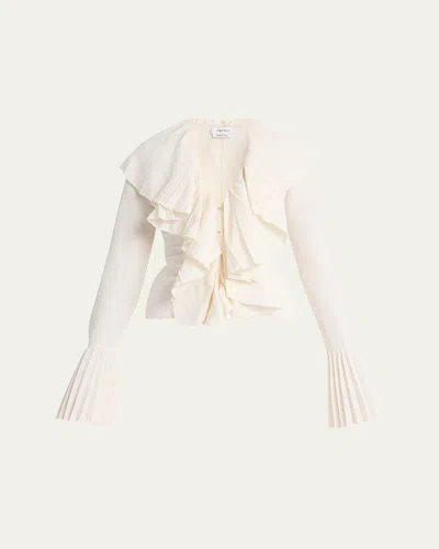 Alexander Mcqueen Long-sleeve V-neck Pleated Ruffle Blouse In White