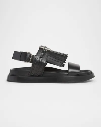 Alexander Mcqueen Men's Brogue Fringe Leather Sandals In Blk Silver