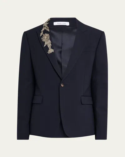 Alexander Mcqueen Mcqueen Crystal Embellished Peak Lapel Wool Sport Coat In Navy