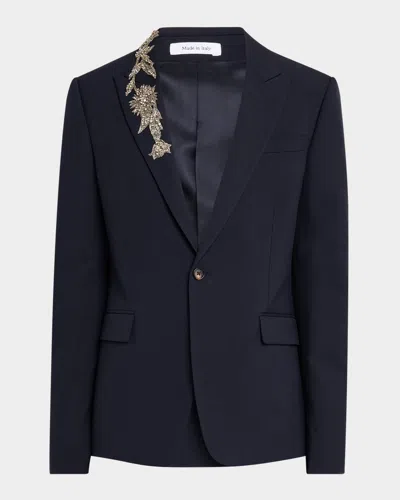 Alexander Mcqueen Mcqueen Crystal Embellished Peak Lapel Wool Sport Coat In Navy