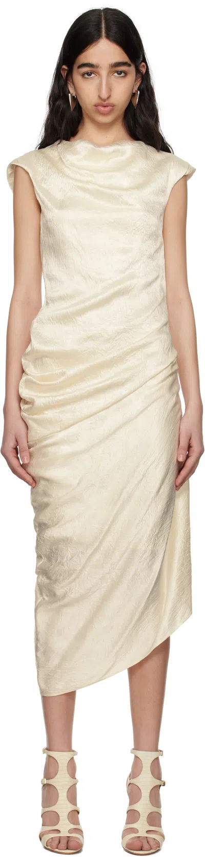 Alexander Mcqueen Off-white Asymmetric Draped Midi Dress In 8010 Oyster