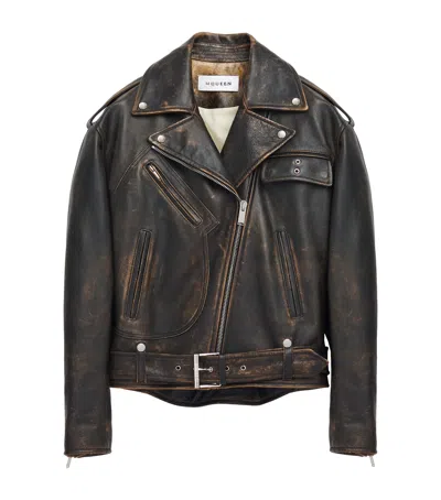 Alexander Mcqueen Oversized Belted Leather Jacket In Brown