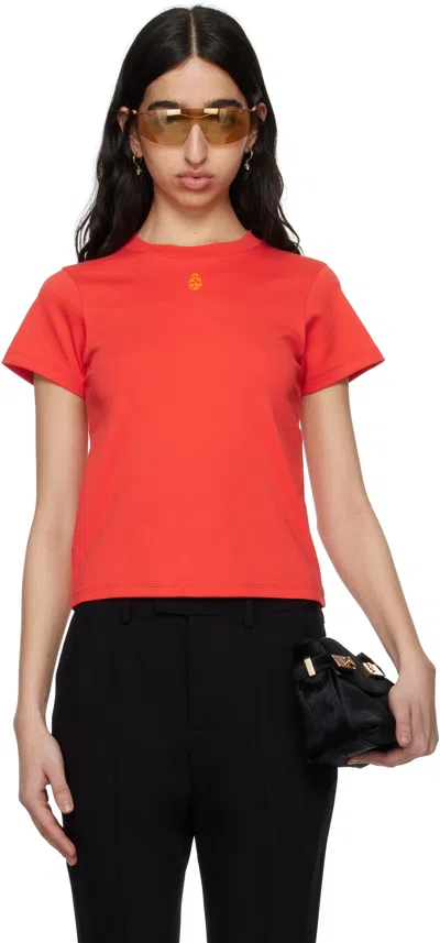 Alexander Mcqueen Red Embroidered Skull T-shirt In 6068 Coral