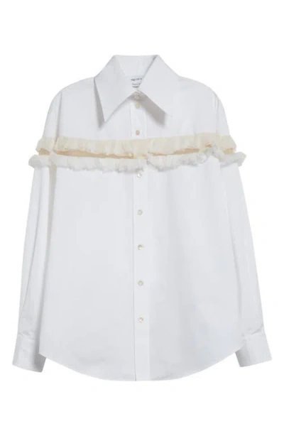ALEXANDER MCQUEEN MCQUEEN RUFFLE MESH INSET COTTON BUTTON-UP SHIRT