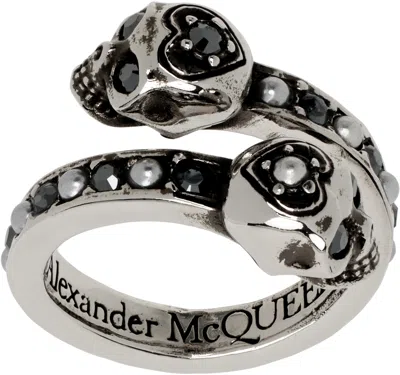 Alexander Mcqueen Silver Wrap-around Skull Ring In 1328 0446+jet+gr+l.g