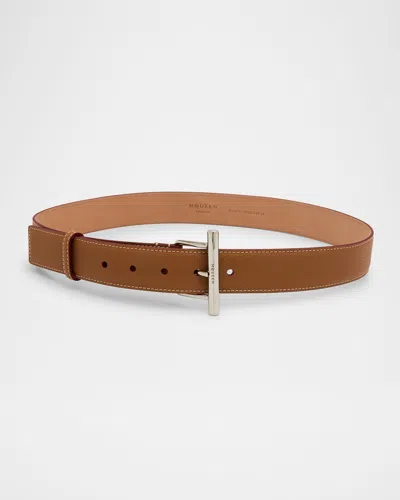 Alexander Mcqueen Sling Cross-bar Buckle Leather Belt In 2116 Pecan Silver