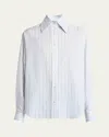 Alexander Mcqueen Stripe Skull Embroidered Button Down Shirt In White Blue Grey