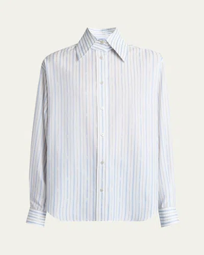 Alexander Mcqueen Stripe Skull Embroidered Button Down Shirt In White Blue Grey