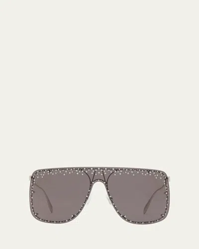 Alexander Mcqueen Studded Skull Shield Sunglasses In Shiny Silver With Black Diamond Strass On Mask