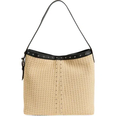 ALEXANDER MCQUEEN MCQUEEN T-BAR SLING STUDDED RAFFIA & LEATHER SHOULDER BAG