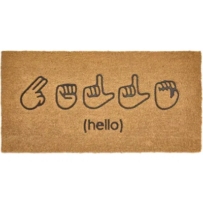 Mdesign American Sign Language Asl Hello Coir Doormat, Natural/black In Brown