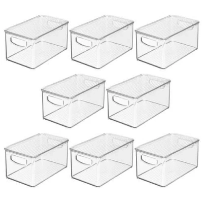Mdesign Deep Plastic Bathroom Storage Box, Lid/built-in Handles, 8 Pack, Clear In Transparent