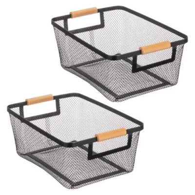 Mdesign Metal Wire Pantry Basket With Wood Handles In Black