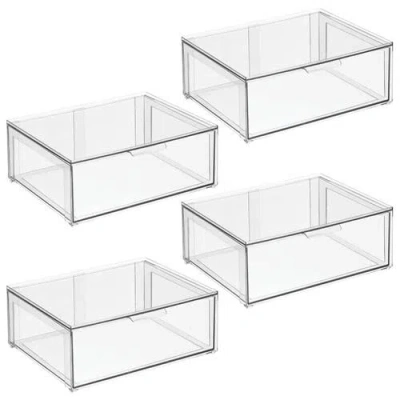 Mdesign Plastic Stacking Closet Storage Organizer Bin With Drawer, 4 Pack, Clear In Transparent