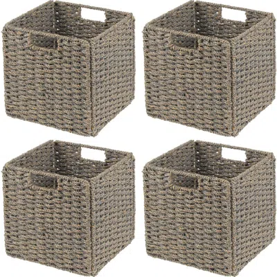 Mdesign Seagrass Woven Cube Bin Basket Organizer, Handles, 4 Pack In Gray Wash