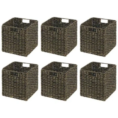 Mdesign Seagrass Woven Cube Bin Basket Organizer, Handles, 6 Pack In Black Wash