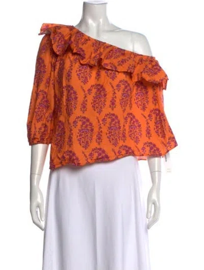 Pre-owned Mds Stripes Floral Print Off-the-shoulder Top In Orange