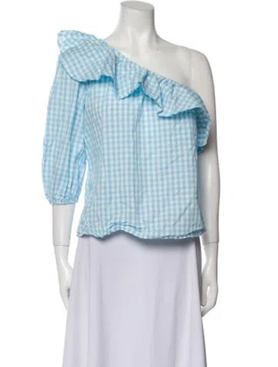 Pre-owned Mds Stripes Plaid Print One-shoulder Crop Top In Blue