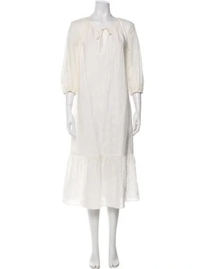 Pre-owned Mds Stripes Tie Neck Midi Length Dress In White