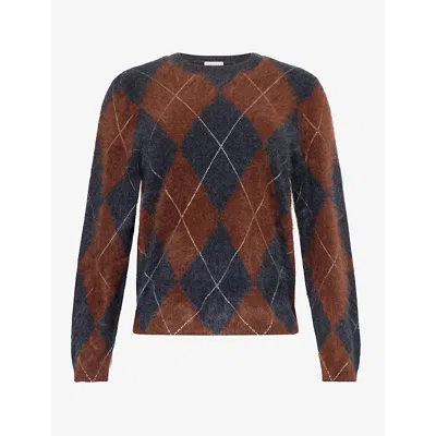 Me And Em And Em Womens Argyle Crew-neck Brushed Cashmere Jumper Pecan Brown Melange/ In Multi