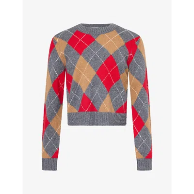 Me And Em And Em Womens Argyle Relaxed-fit Cashmere Jumper Grey Multi In Gray