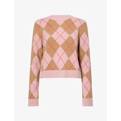 Me And Em And Em Womens Argyle Relaxed-fit Cashmere Jumper Smoke Pink In Multi