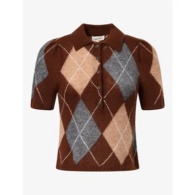 Me And Em And Em Womens Argyle-pattern Puff-sleeve Wool-blend Cardigan Pecan Brown Multi