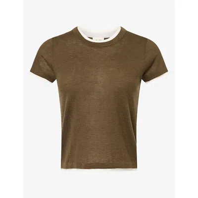 Me And Em And Em Womens Barely There Baby Merino-wool And Cashmere T-shirt Rich Olive/soft Whit In Green