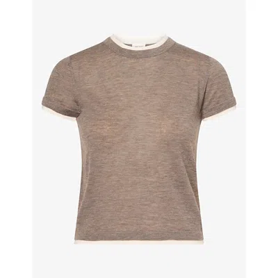 Me And Em And Em Womens Barely There Contrast Trim Merino Wool And Cashmere T-shirt Pebble Brown/soft Wh