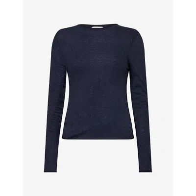 Me And Em And Em Womens Barely There Merino Wool And Cashmere Top Navy In Blue