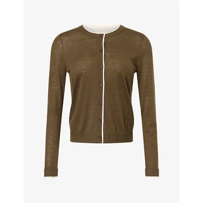 Me And Em And Em Womens Barely There Merino-wool And Cashmere Cardigan Rich Olive/soft Whit In Green